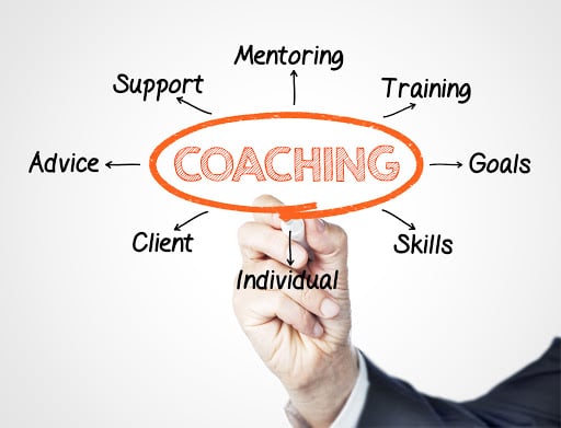 Coaching concept with support, mentoring, training, and goals.