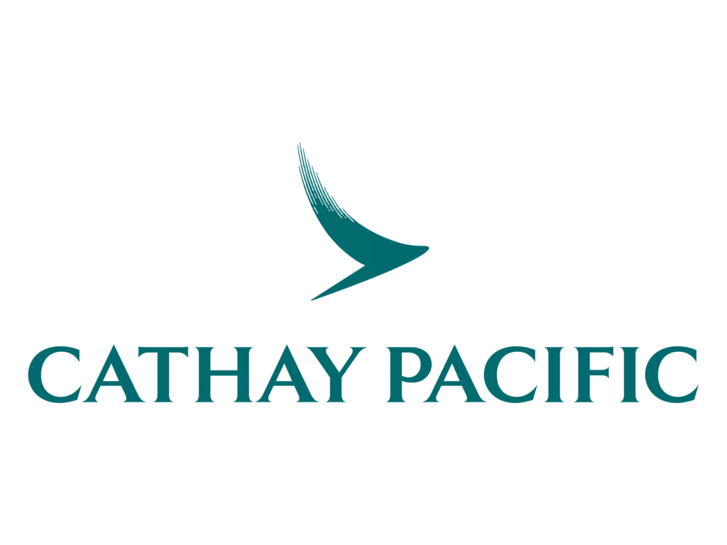 Cathay Pacific airline logo with stylised bird and text.