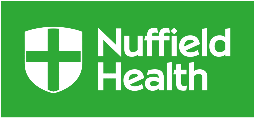 Nuffield Health logo with shield and cross symbol.